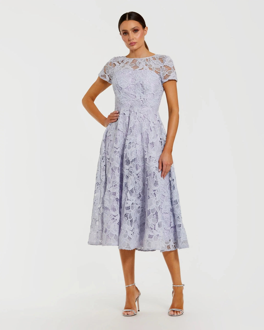 Purple Embellished Lace Short Sleeve Midi Dress - FOSTANI.com