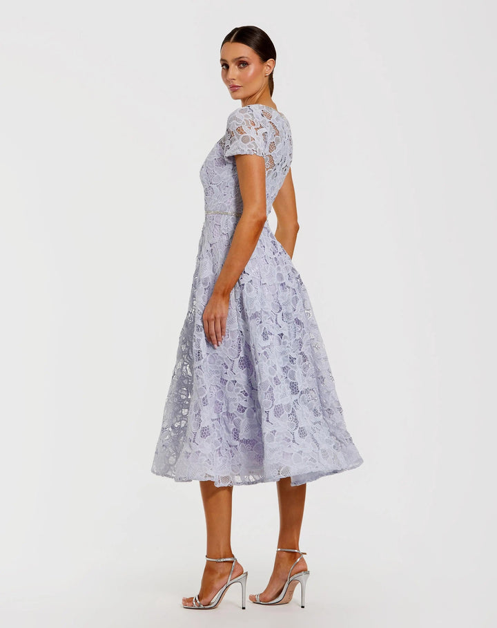 Purple Embellished Lace Short Sleeve Midi Dress - FOSTANI.com