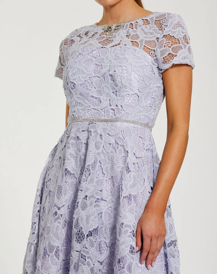 Purple Embellished Lace Short Sleeve Midi Dress - FOSTANI.com