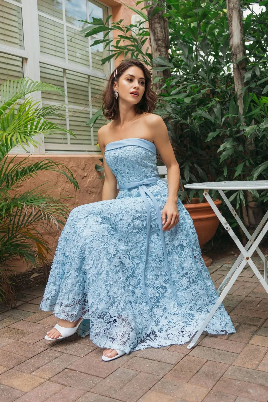 Blue Embroidered Lace Strapless Midi Dress With Bow Detail - FOSTANI.com