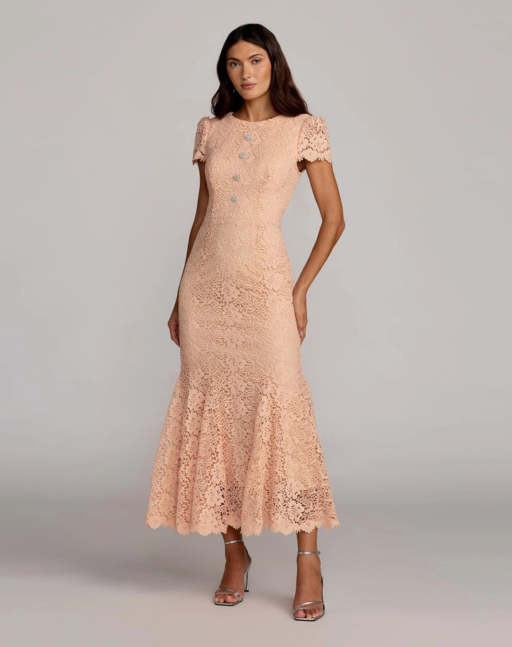 Mac Duggal 50116 Peach Embroidered Lace Cap Sleeve Midi Dress
