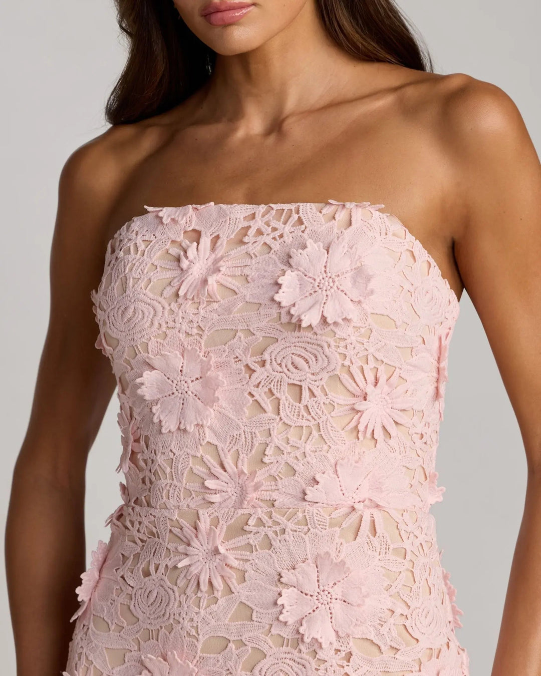Pink Strapless 3D Floral Midi Dress - FOSTANI.com