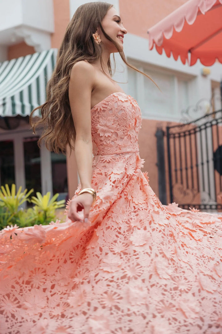 Pink Strapless Floral Embroidered Lace A-Line Dress - FOSTANI.com