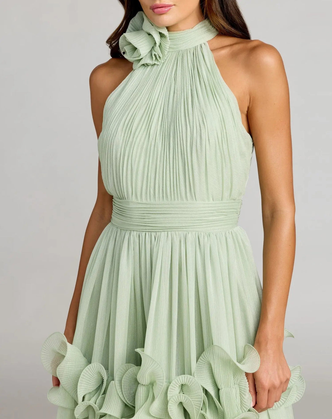Mac Duggal 50145 Green Sleeveless Chiffon Halter Neck Ruffle Midi Dress