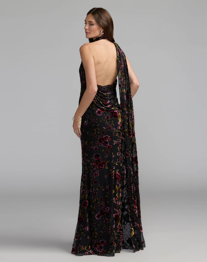Mac Duggal 50174 Floral Burnout Velvet Halter Gown