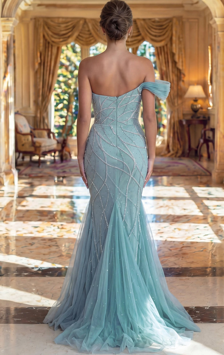 Jovani 50206 Beaded Mermaid Gown With Draped Off Shoulder Detail - FOSTANI.com