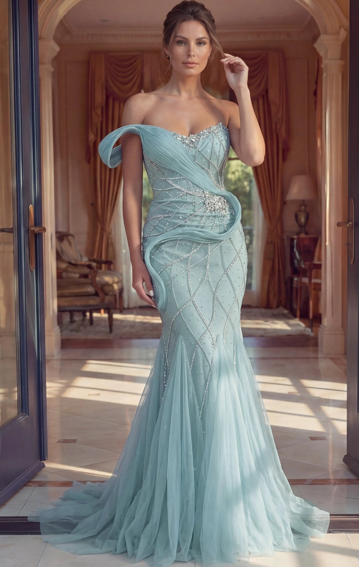 Jovani 50206 Beaded Mermaid Gown With Draped Off Shoulder Detail - FOSTANI.com