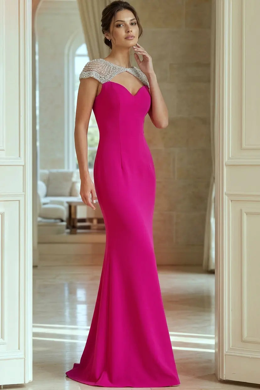 Jovani 50549 beaded illusion neckline mermaid gown with cap sleeves detail view