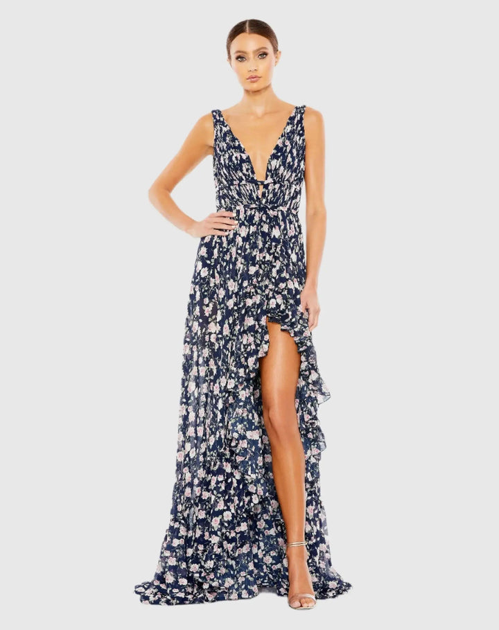 Mac Duggal 50659 Multicolor Floral Print Sleeveless Ruffled High-Low Gown