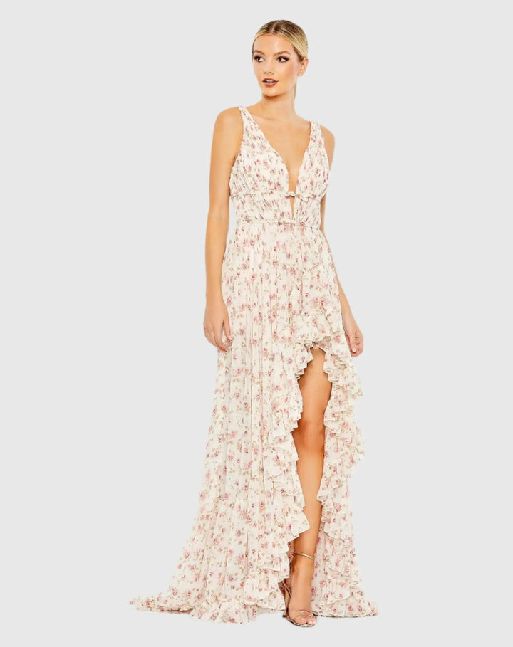 Mac Duggal 50659 Multicolor Floral Print Sleeveless Ruffled High-Low Gown