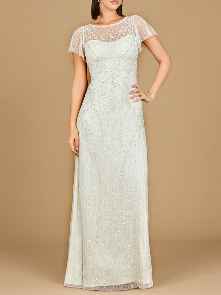 Lara 51219 beaded flutter sleeve wedding gown, front view
