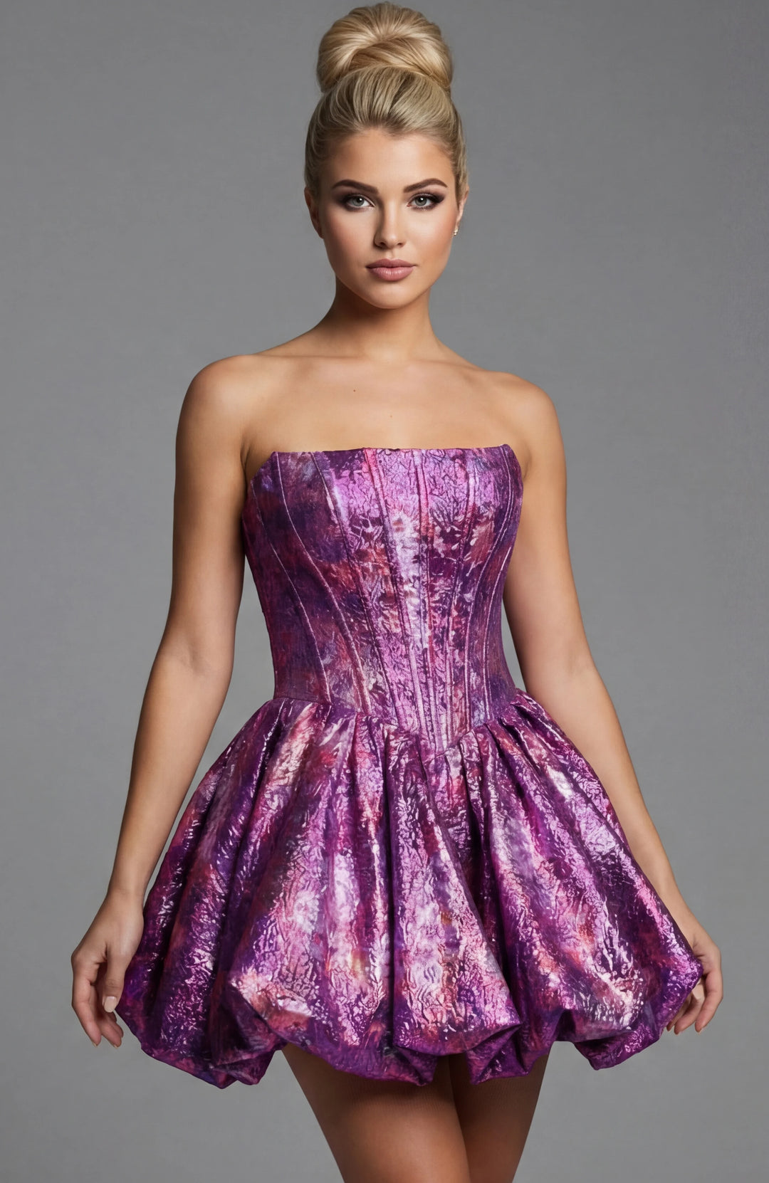 Jovani 51572 Strapless Brocade Corset Mini Dress With Full Skirt - FOSTANI.com