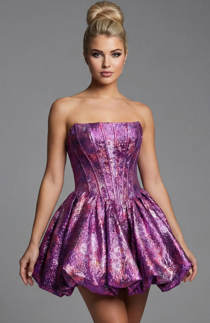 Jovani 51572 Strapless Brocade Corset Mini Dress With Full Skirt - FOSTANI.com