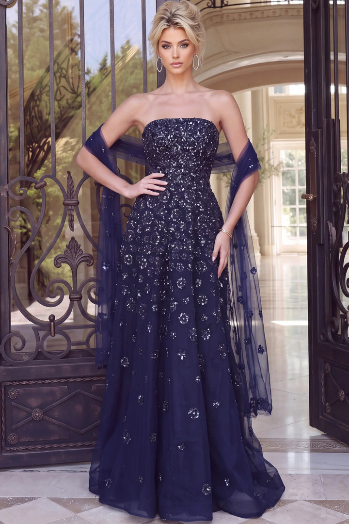 Jovani 51617 strapless beaded A-line evening gown front view