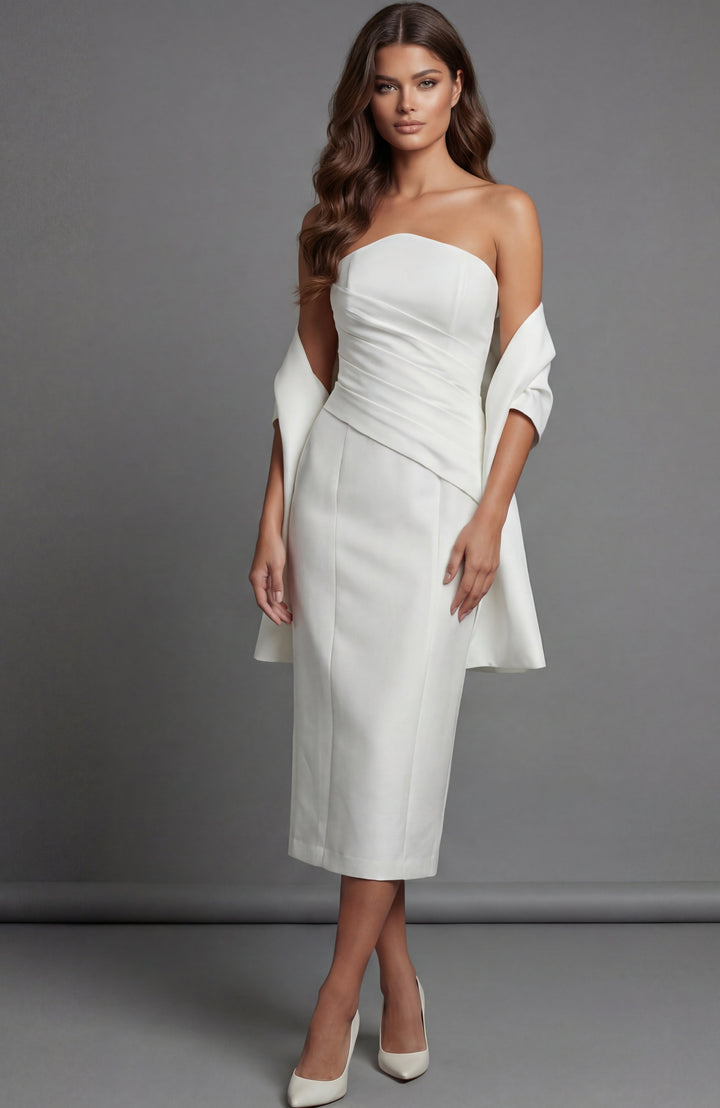 Jovani 51635 strapless midi dress with matching scarf, front