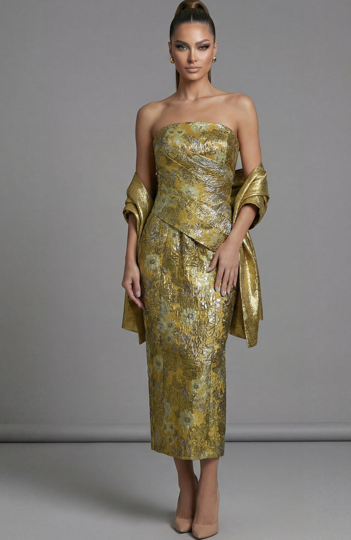 Jovani 51636 strapless midi dress with matching wrap, front