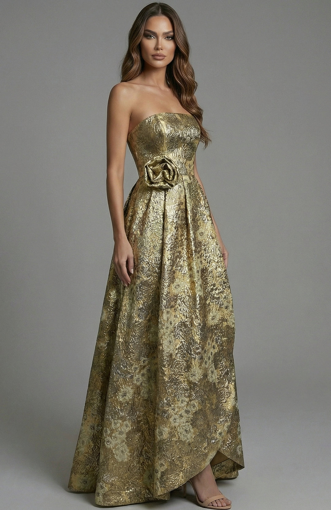 Jovani 51692 strapless floral gown with waist rosette, front