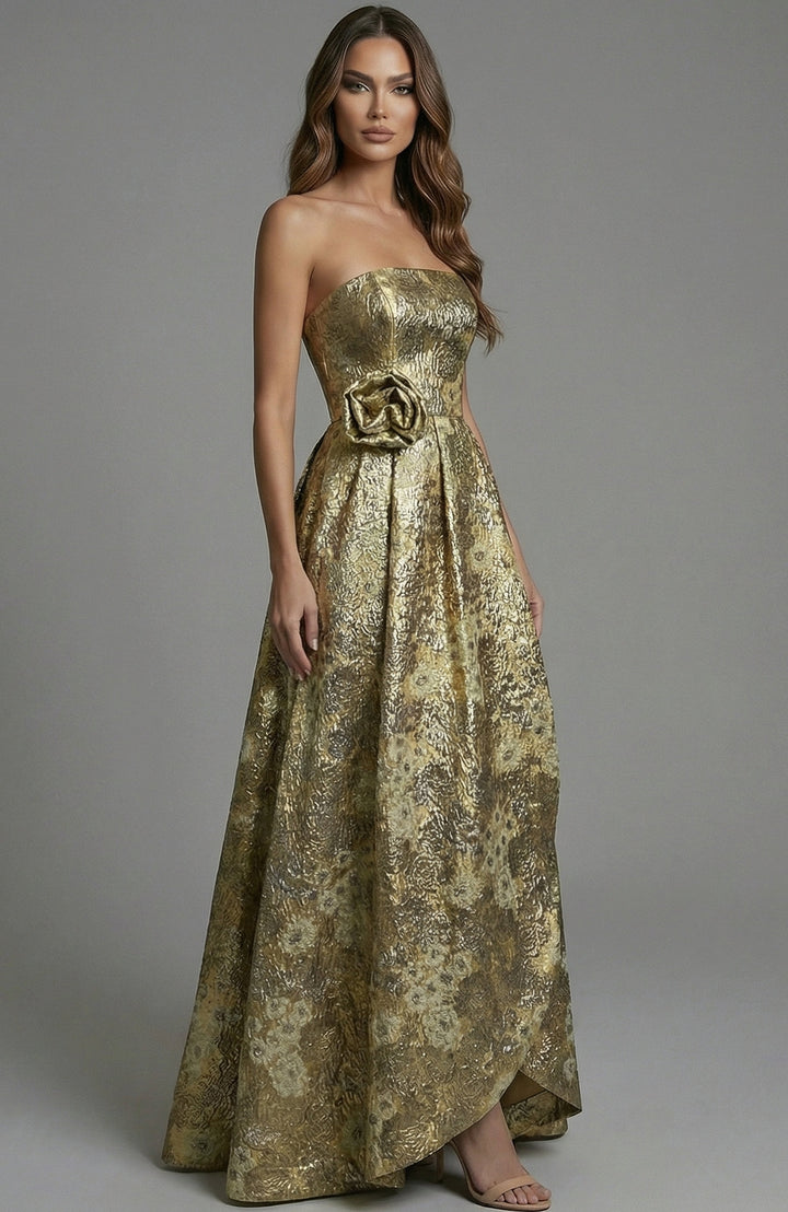 Jovani 51692 strapless floral gown with waist rosette, front