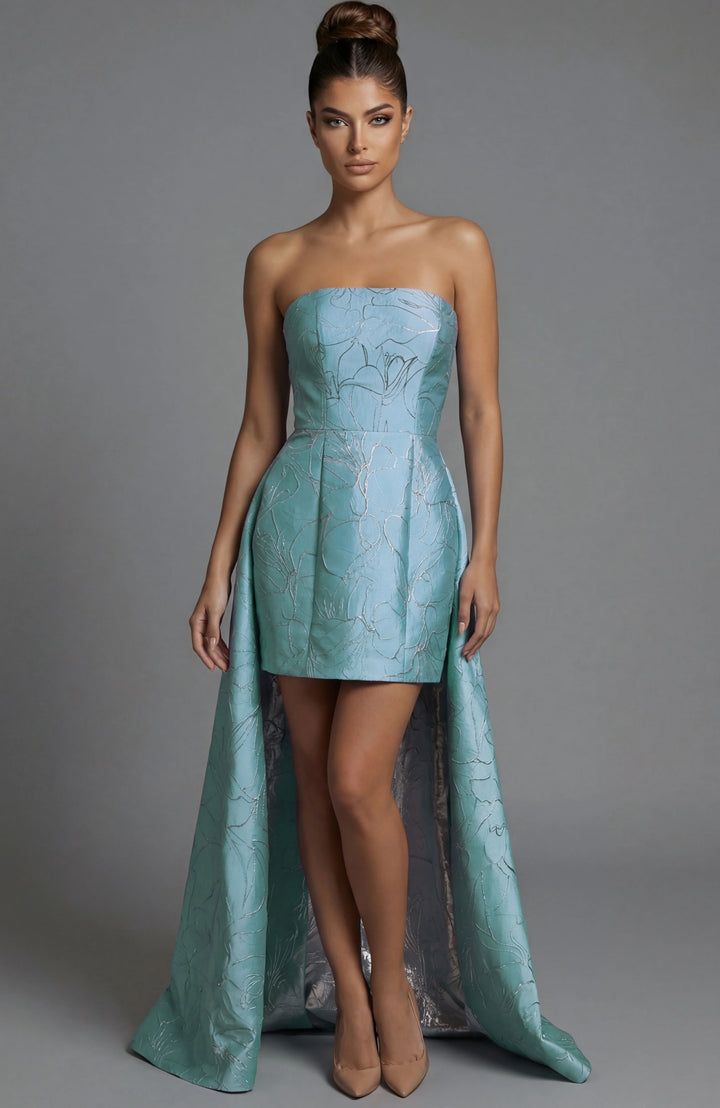 Jovani 51693 Strapless Brocade Corset Mini Dress With Full Skirt - FOSTANI.com