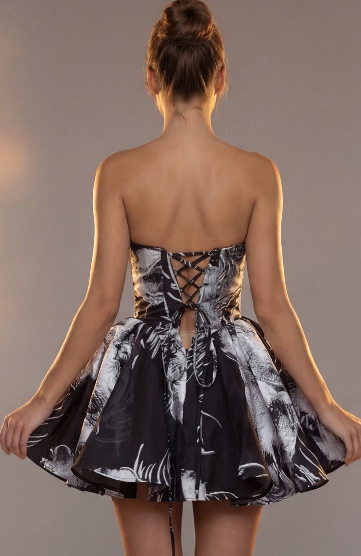 Jovani 51778 Floral Strapless Lace Up Mini Dress - FOSTANI.com