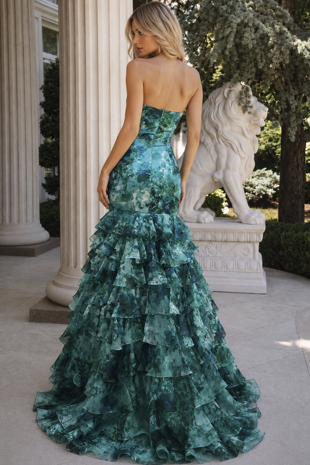 Jovani 51779 emerald floral print mermaid prom gown with high slit - alternate view