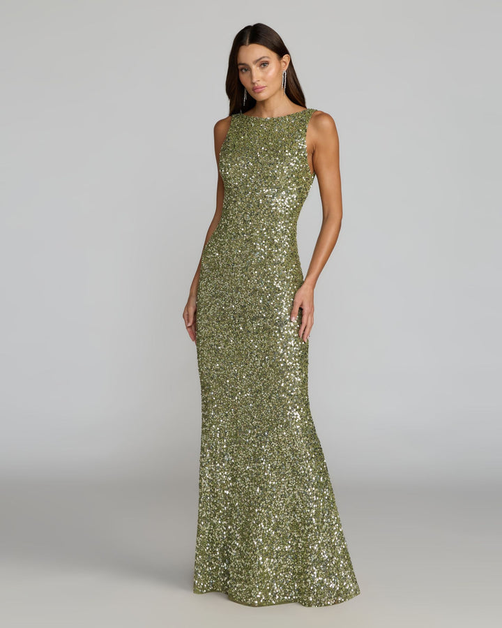 Mac Duggal 5185 Green Sequin Open Back Column Gown
