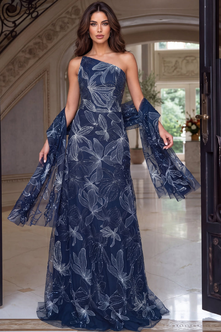 Jovani 52024 One-Shoulder Embroidered Floral Fit-and-Flare Gown, front