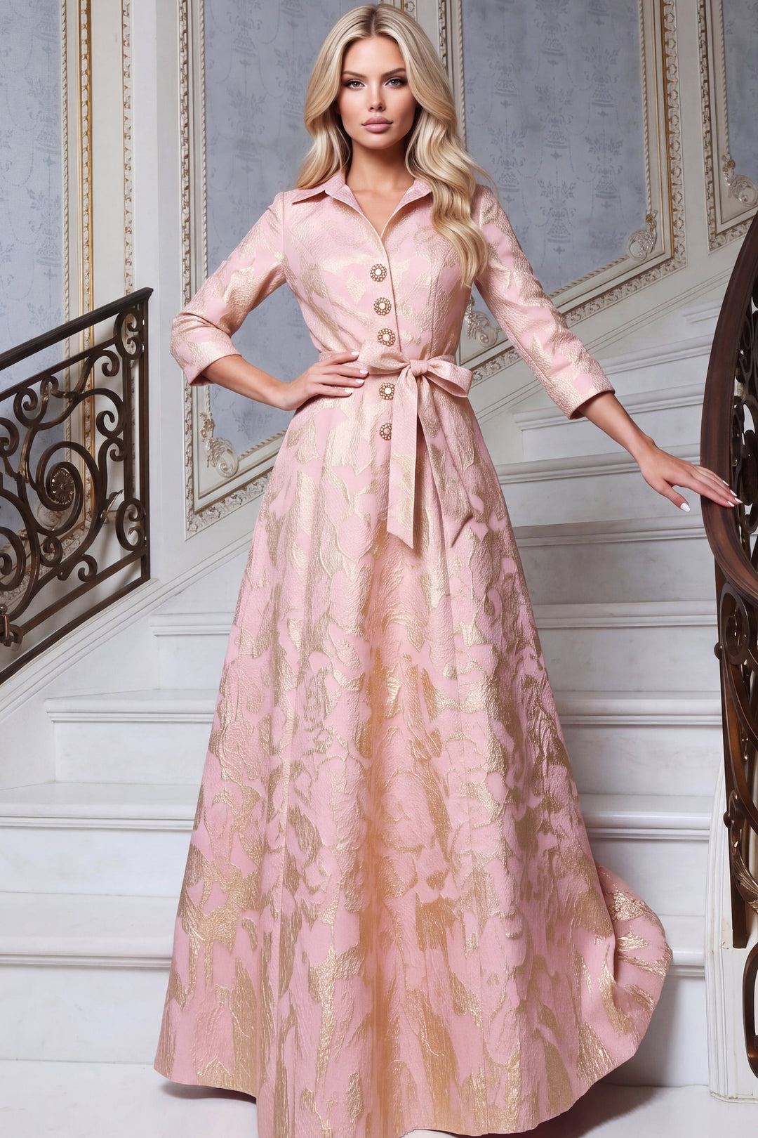 Jovani 52090 Collared Shirt Gown with Crystal Buttons and Pockets, front