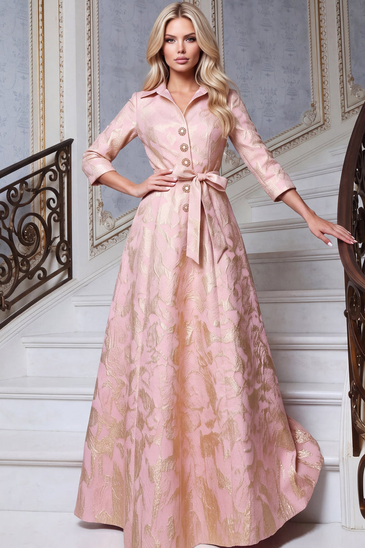 Jovani 52090 Collared Shirt Gown with Crystal Buttons and Pockets, front
