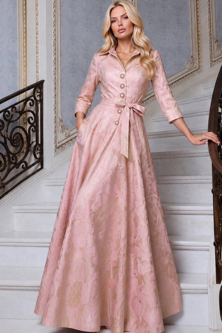 Jovani 52090 Collared Shirt Gown with Crystal Buttons and Pockets, front