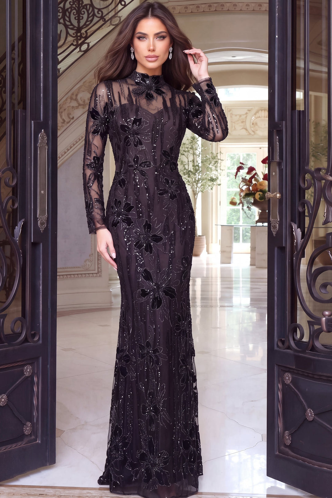 Jovani 52371 High Neck Long Sleeve Illusion Beaded Mermaid Gown, front