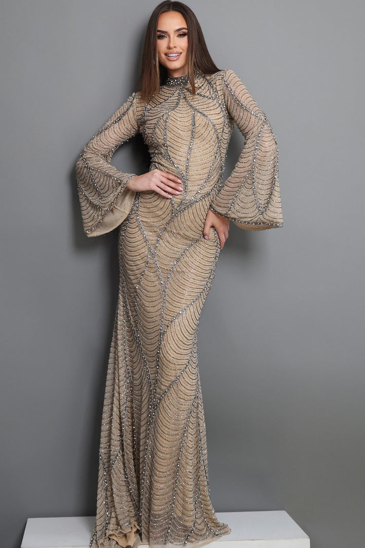 Jovani 52447 High Mock Neck Long Bell Sleeve Beaded Mother of the Bride Dress