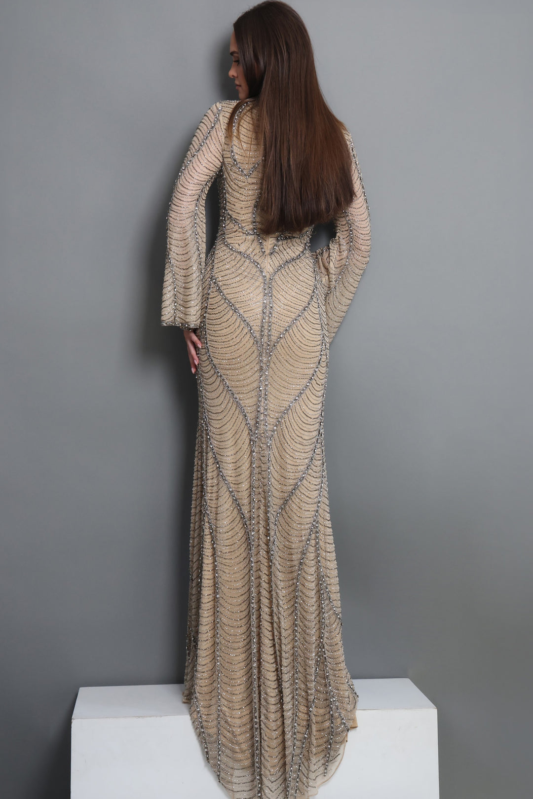 Jovani 52447 High Mock Neck Long Bell Sleeve Beaded Mother of the Bride Dress