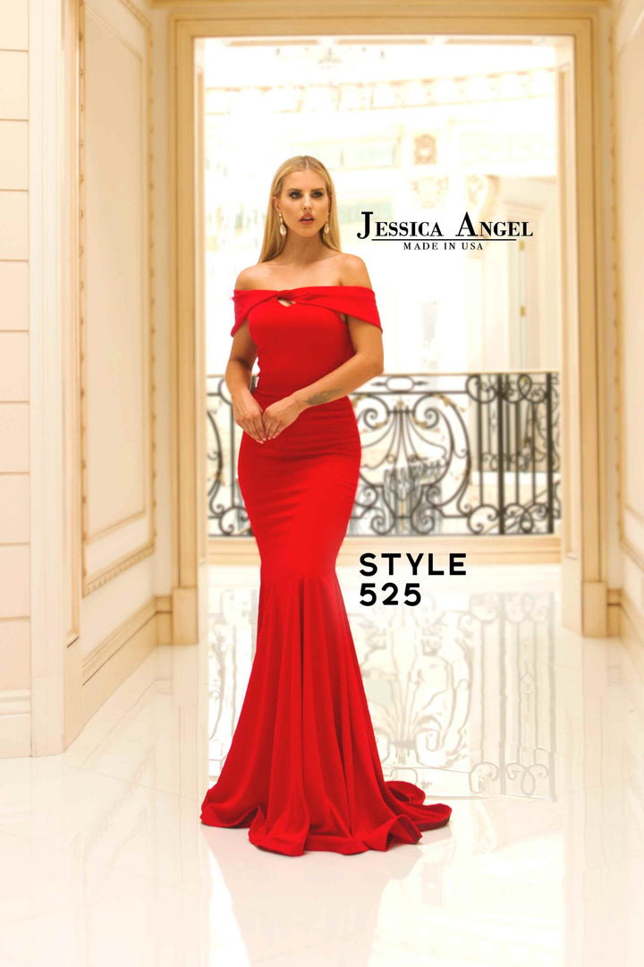 Jessica Angel 525 off shoulder evening gown front view