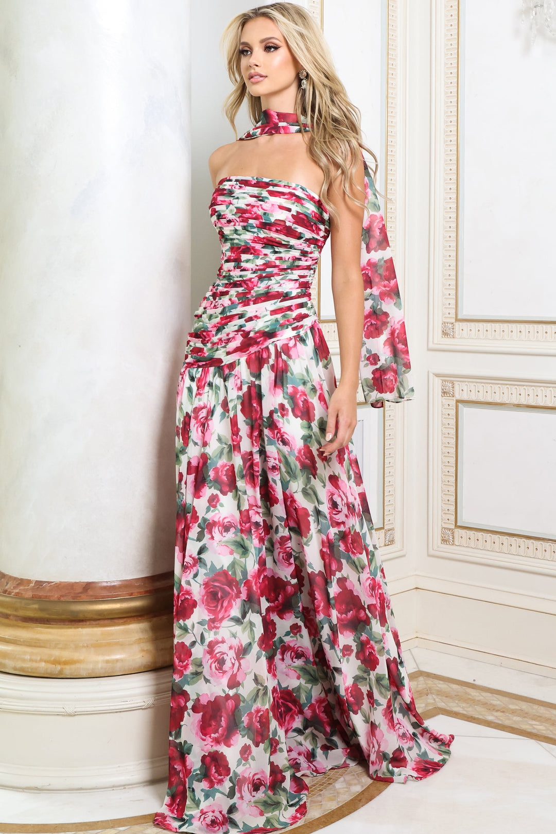 Jovani 52658 Strapless Rose Print A-Line Gown with Neck Scarf front view