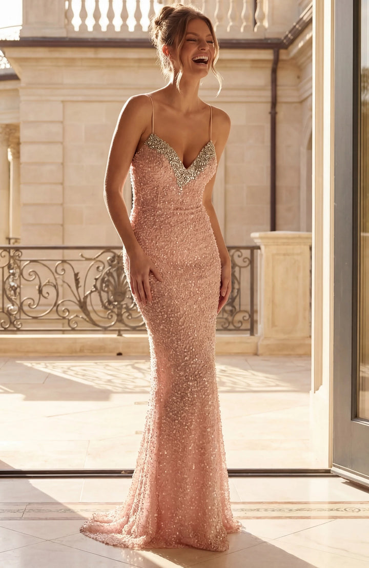 Jovani 52671 Blush Pink Beaded Mermaid Prom Dress - FOSTANI.com