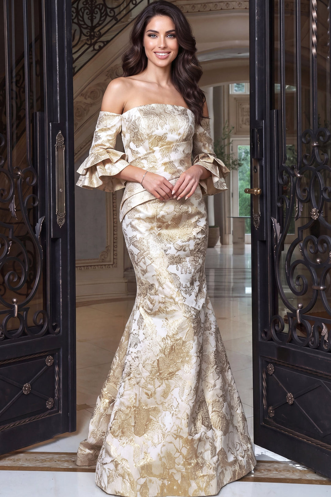 Jovani 52823 light gold off shoulder jacquard mermaid evening gown - front view
