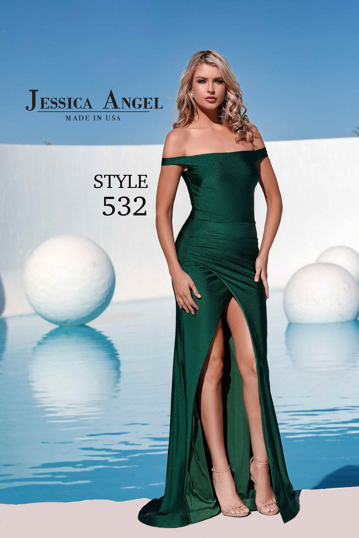 Jessica Angel 532 off shoulder slit evening gown front view