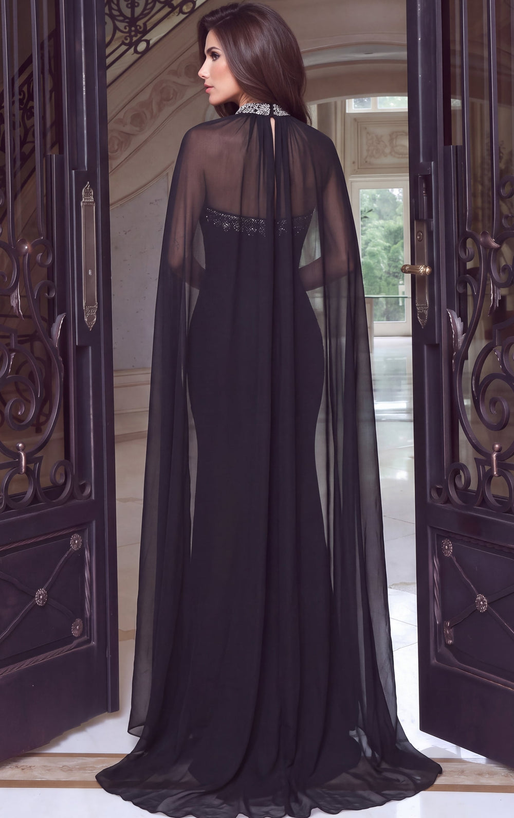 Jovani 53894 black strapless embellished column evening gown - open back view