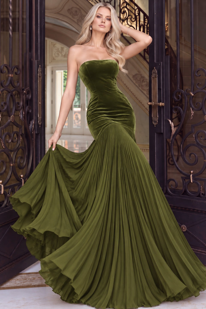 Jovani 54324 Strapless Mermaid Gown with Pleated Skirt pleated skirt detail