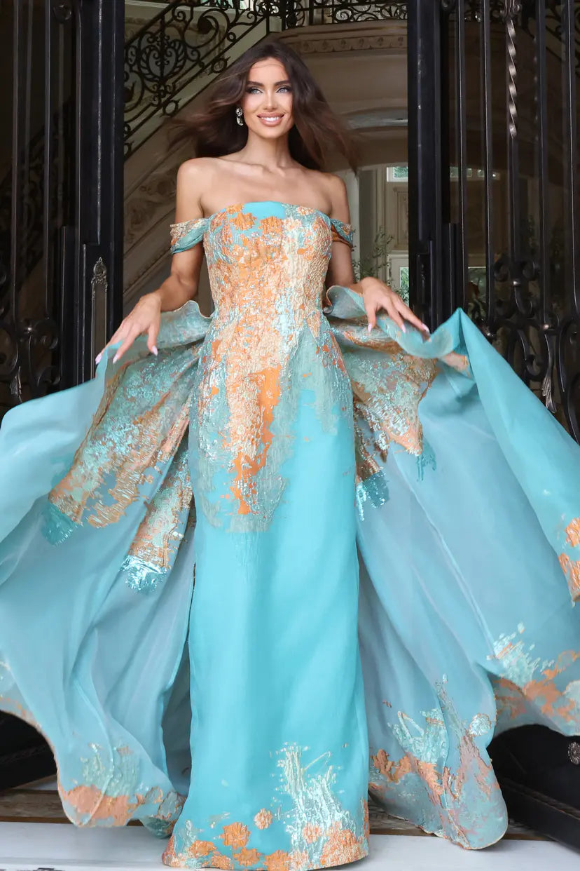 Jovani 54381 off the shoulder mermaid gown with detachable overskirt detail view