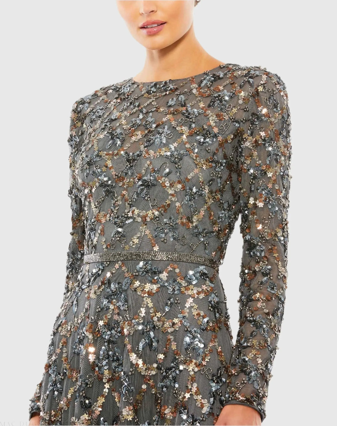 Mac Duggal 5496 Gray Embellished Illusion High Neck Long Sleeve A Line Gown