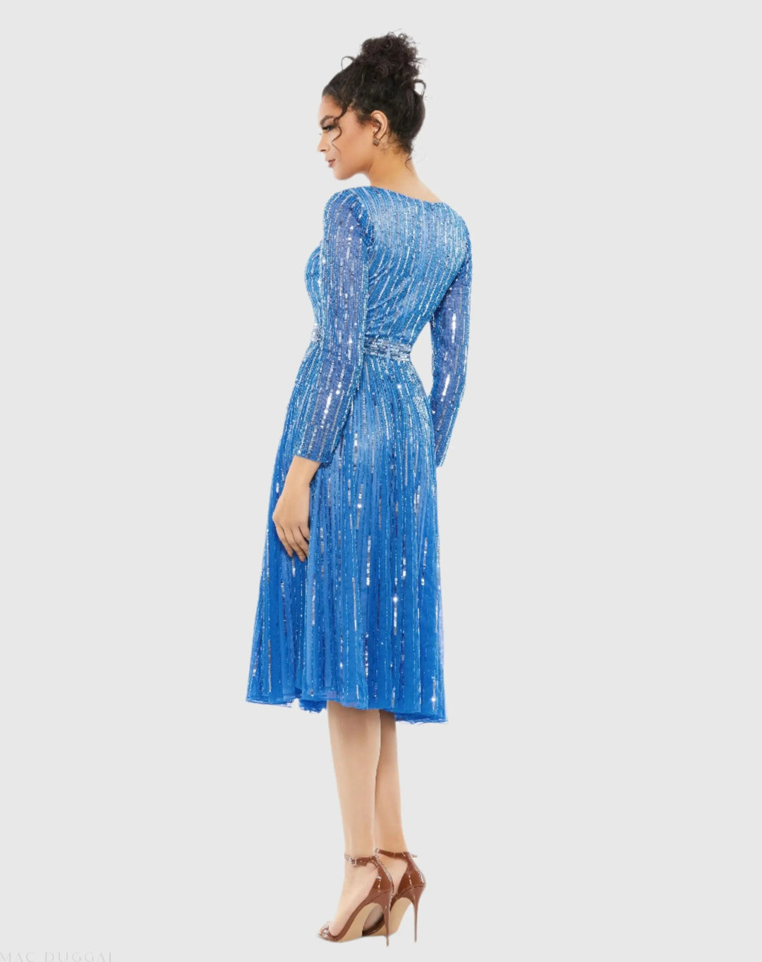 Mac Duggal 5528 Long Sleeve Tea Length Dress