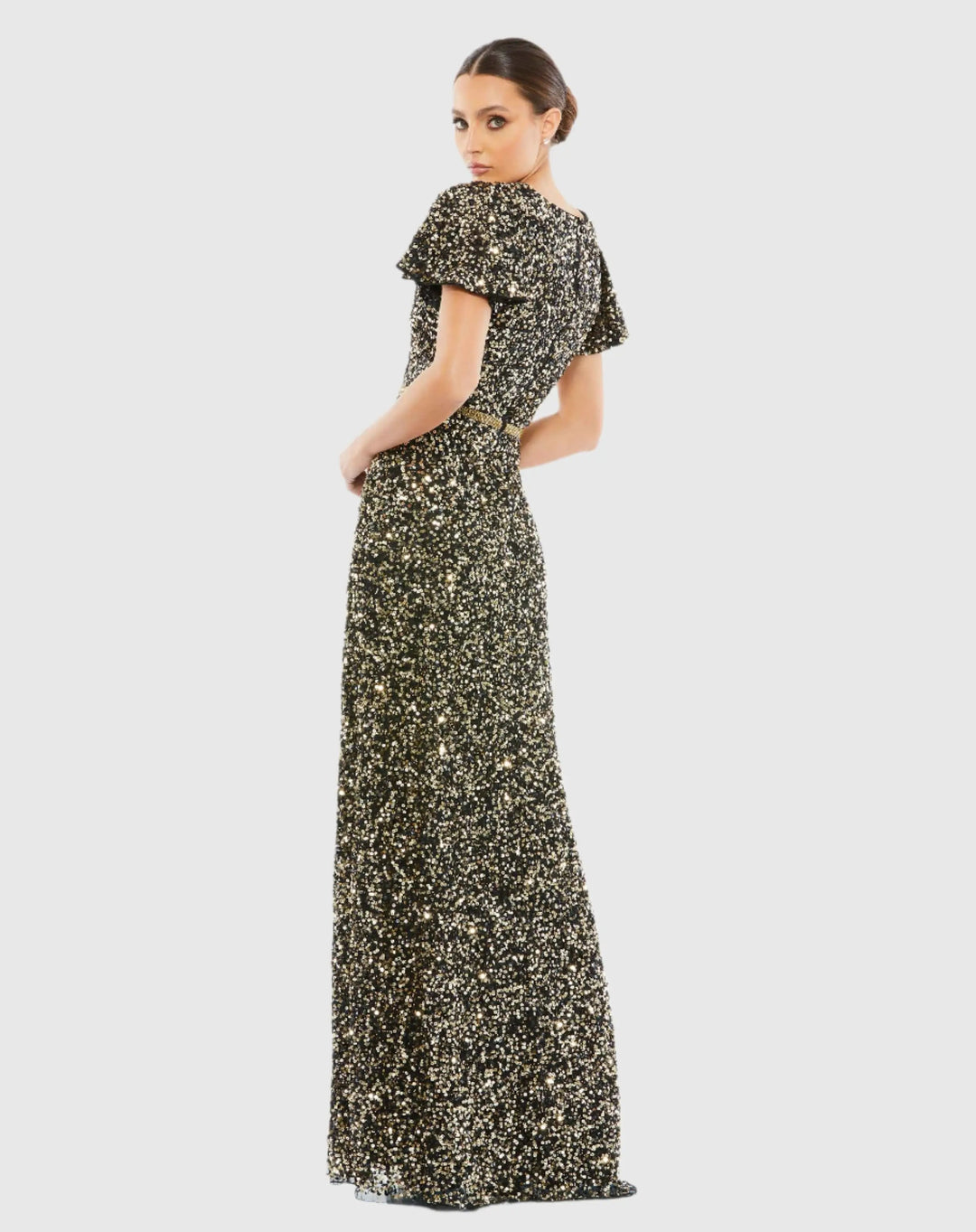 Mac Duggal 5540 Sequined Wrap Over Butterfly Sleeve Draped Gown