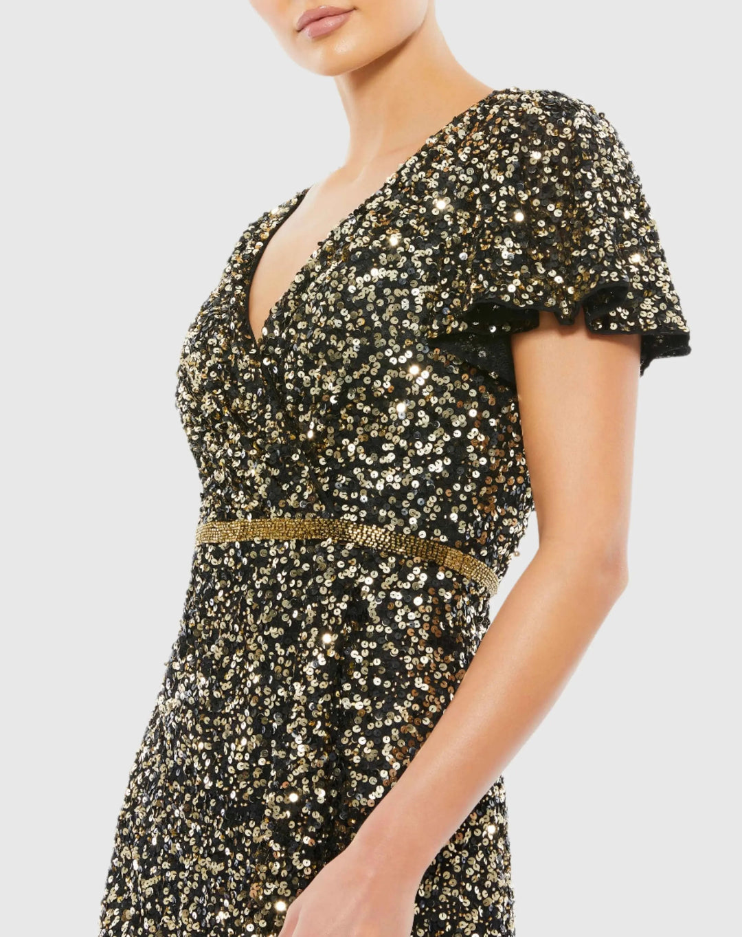 Mac Duggal 5540 Sequined Wrap Over Butterfly Sleeve Draped Gown