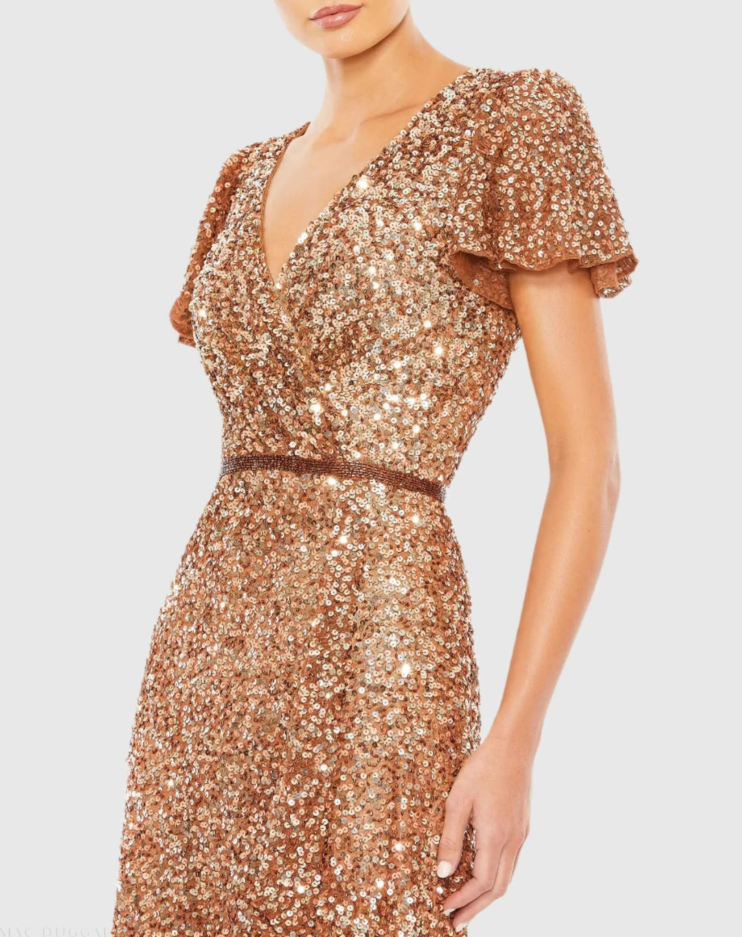 Mac Duggal 5540 Sequined Wrap Over Butterfly Sleeve Draped Gown
