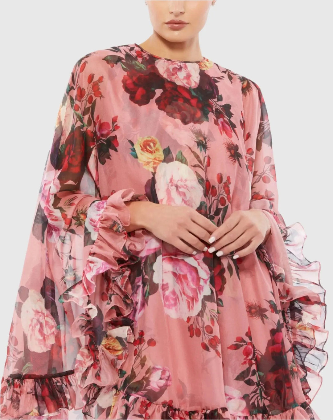 Mac Duggal 55404 Floral Print High Neck Ruffle Hem Cape Mini Dress