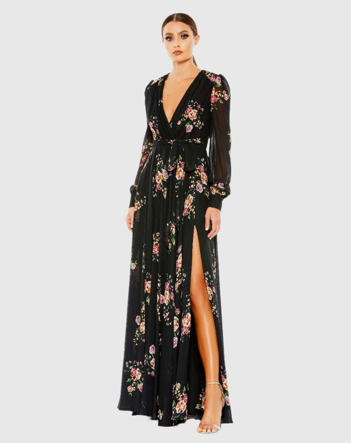 Mac Duggal 55661 Belted Floral Print Illusion Long Sleeve Gown