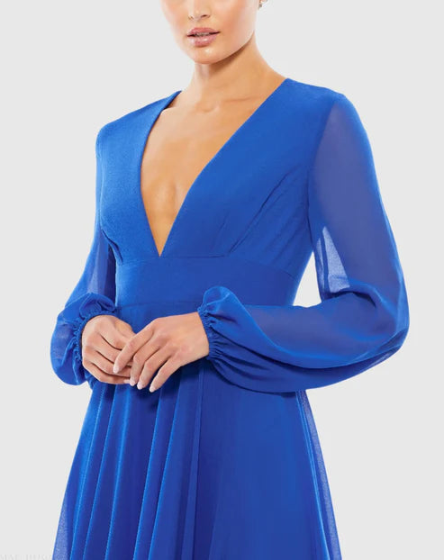 Mac Duggal 55682 V-Neck Illusion Long Sleeve Chiffon Gown
