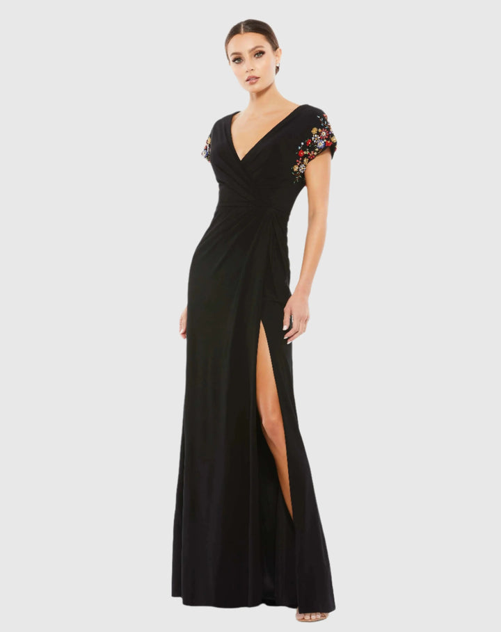 Mac Duggal 55709 Black Embellished Sleeve Jersey Wrap Gown